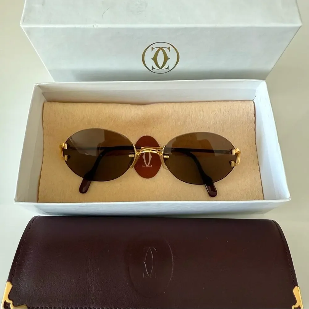 CARTIER Oval Rimless Sunglasses Brown  Gold Frame Authentic Vintage